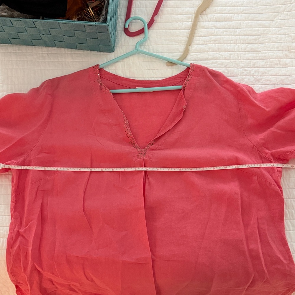 Eileen Fisher Pink Coral V-Neck Linen Top with Sequin Collar - Picture 6 of 9